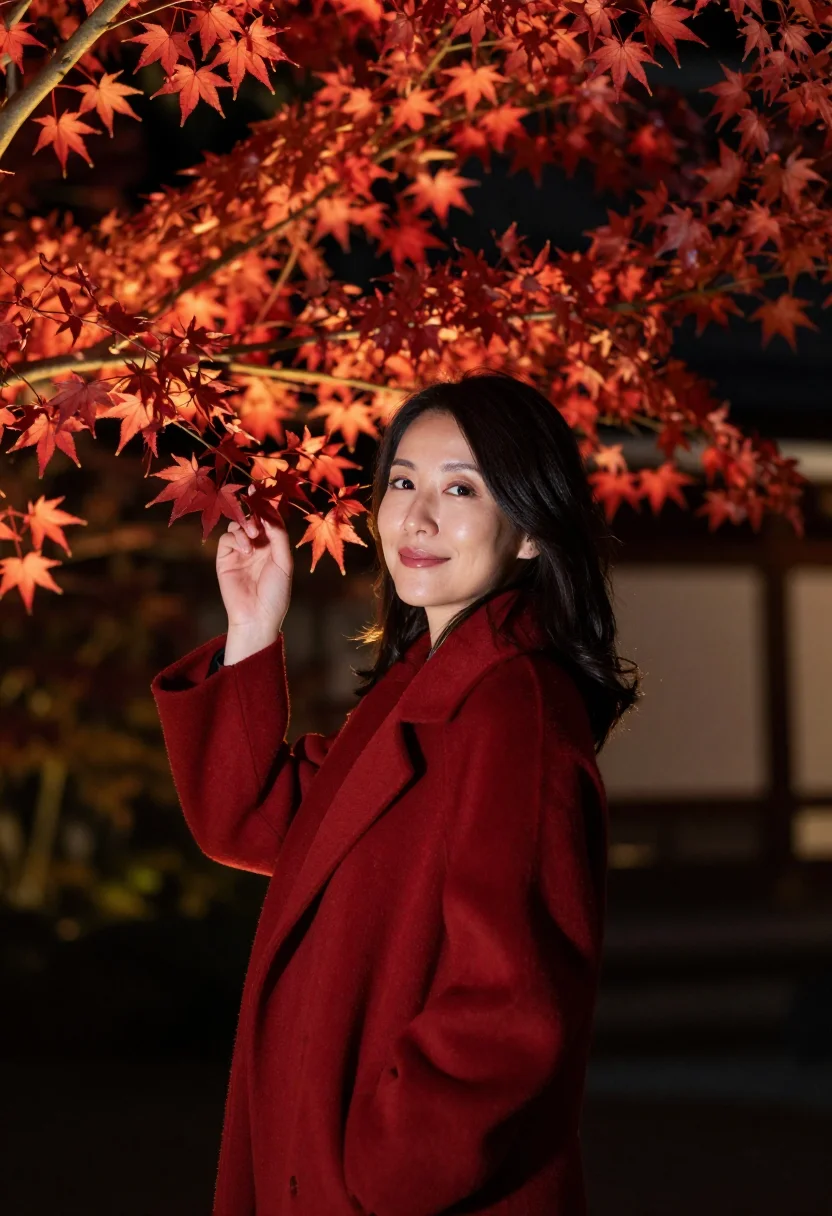 AI kyoto momiji lightup night vermilion sample — portrait of a woman, framed chest-up to the ribs, the body c