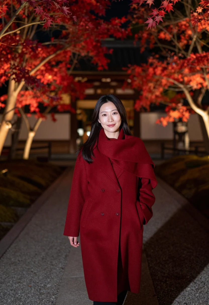 AI kyoto momiji lightup night vermilion sample — portrait of a woman, framed half-length from the head to the