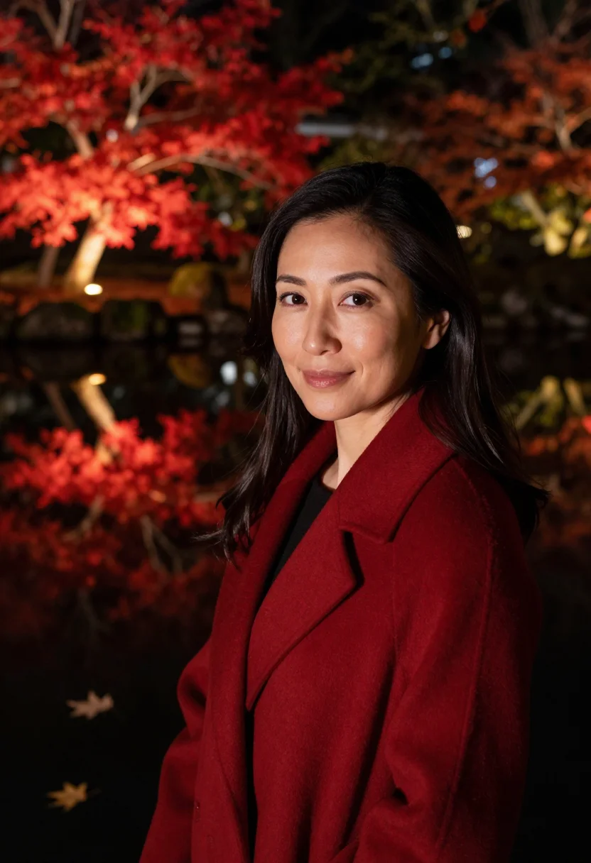 AI kyoto momiji lightup night vermilion sample — portrait of a woman, framed tight, head and shoulders, the b