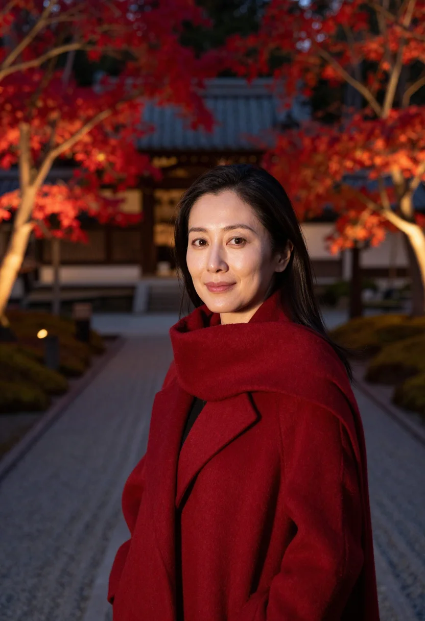 AI kyoto momiji lightup night vermilion sample — portrait of a woman, framed tight, head and shoulders, the b