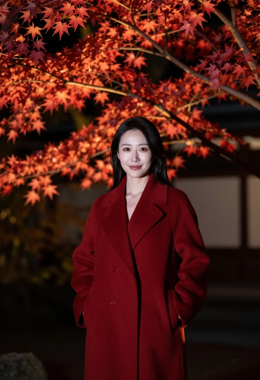 AI kyoto momiji lightup night vermilion sample — portrait of a woman, framed half-length from the head to the
