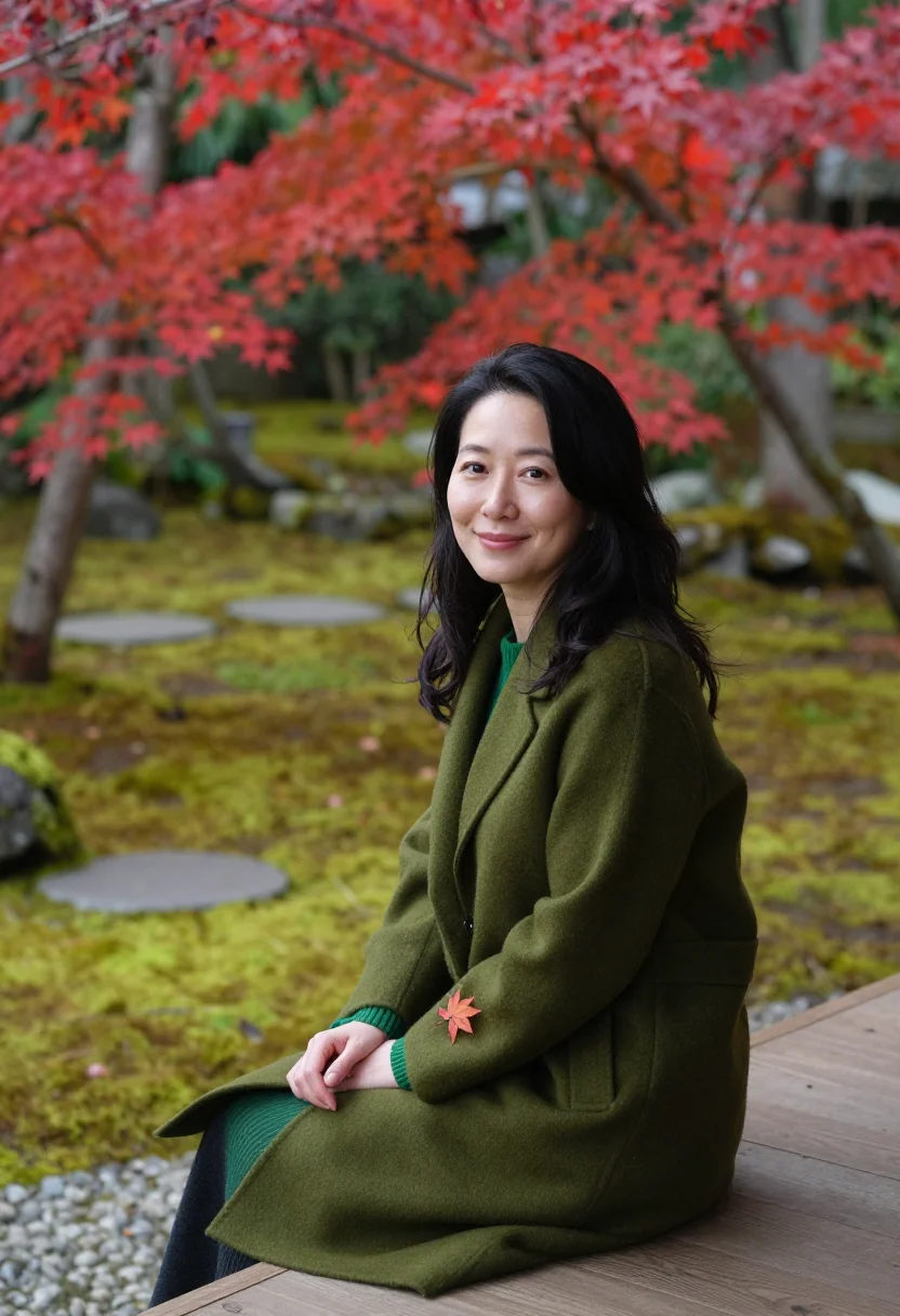 AI kyoto momiji moss sample — portrait of a woman, framed three-quarter length from the kn