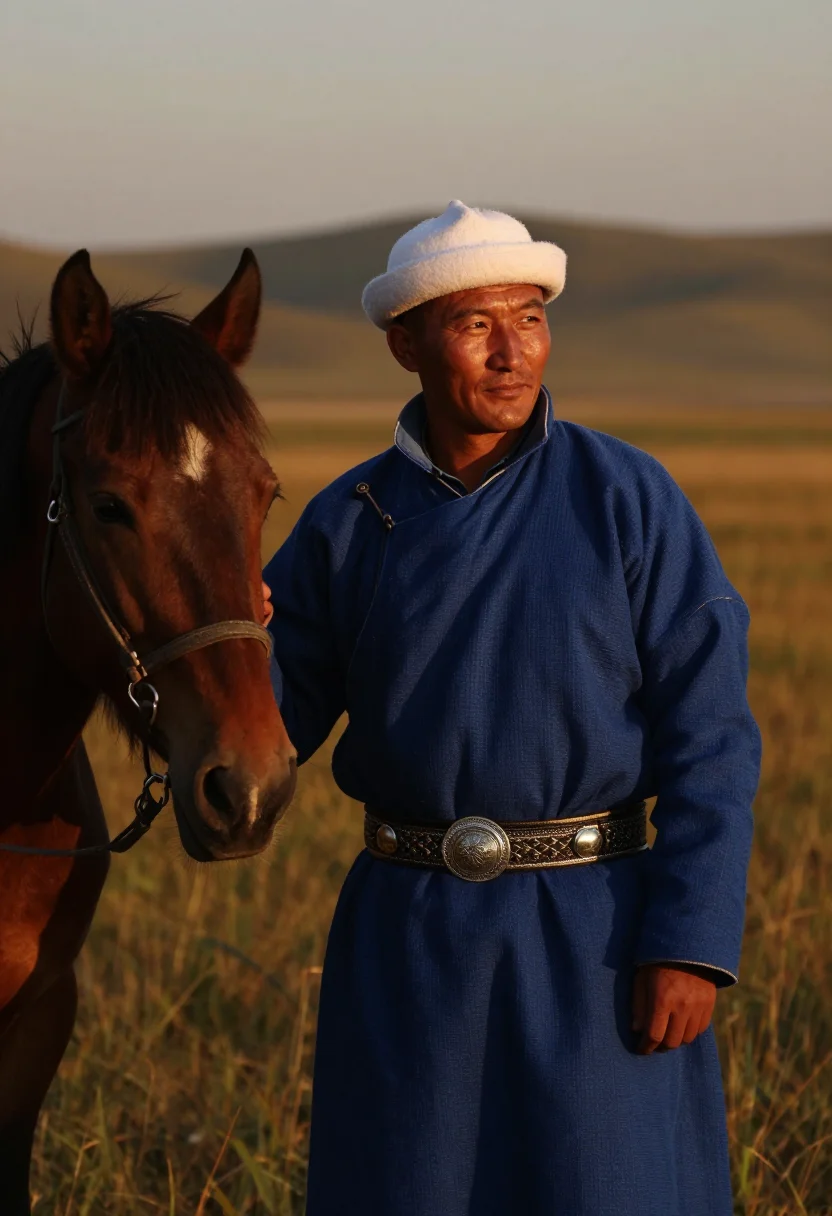 AI kyrgyz ak kalpak sample — candid mid-chest portrait of a Kyrgyz man standing beside th