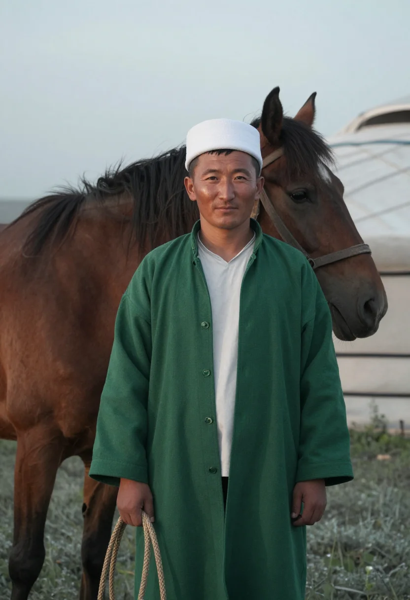 AI kyrgyz ak kalpak sample — candid three-quarter portrait of a Kyrgyz man standing besid