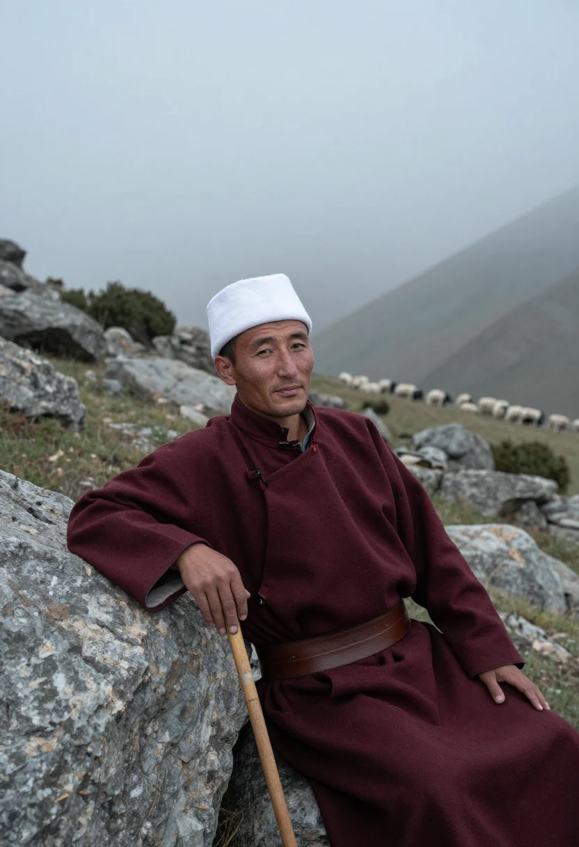 AI kyrgyz ak kalpak sample — candid three-quarter portrait of a Kyrgyz man resting on a b