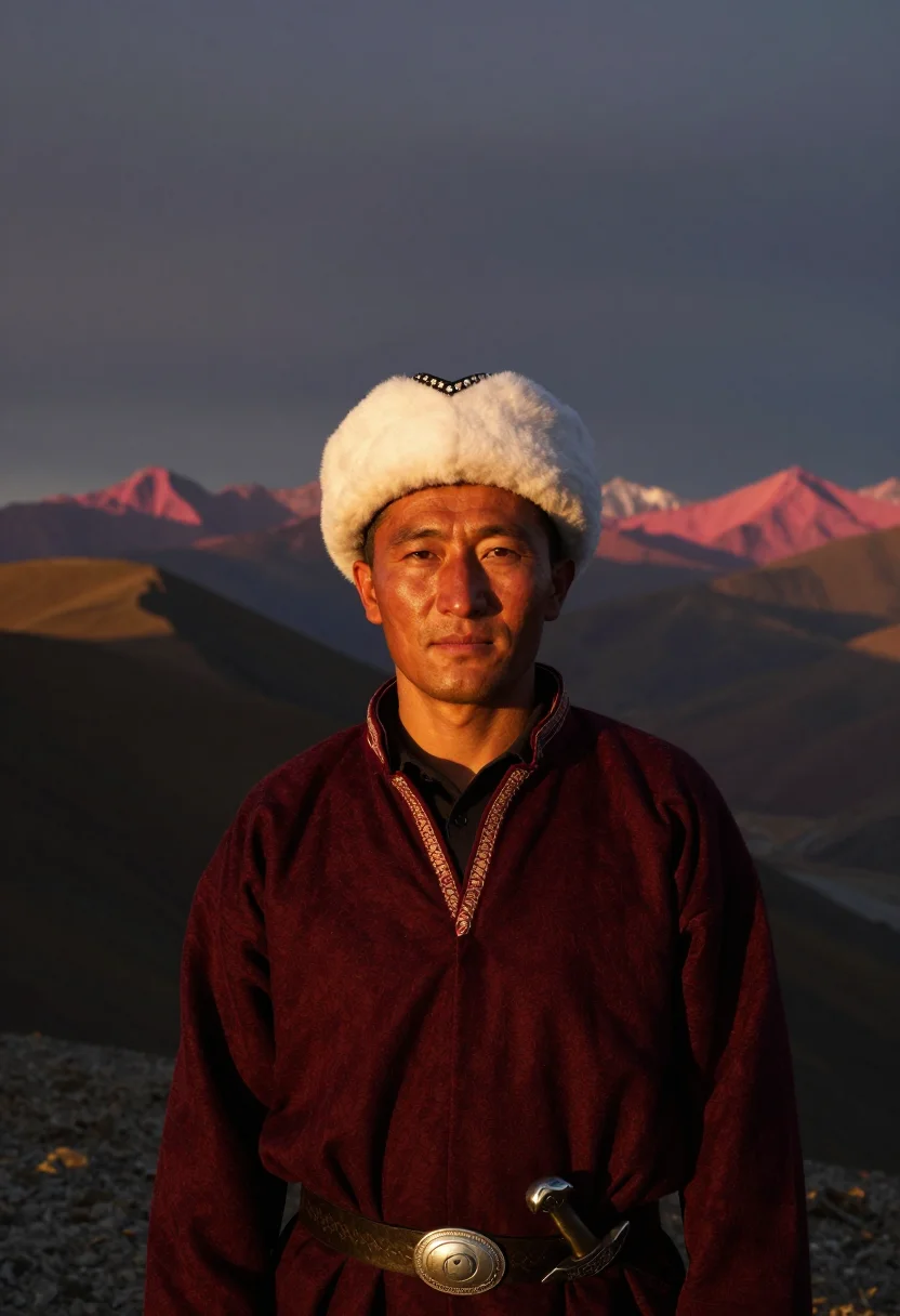 AI kyrgyz ak kalpak sample — candid mid-chest portrait of a Kyrgyz man at golden hour on