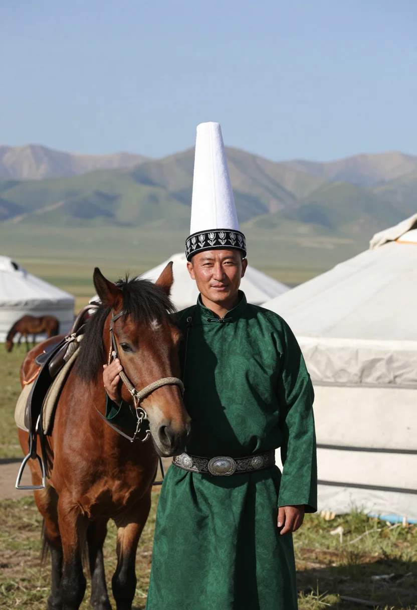AI kyrgyz ak kalpak sample — candid half-length portrait of a Kyrgyz man standing among a