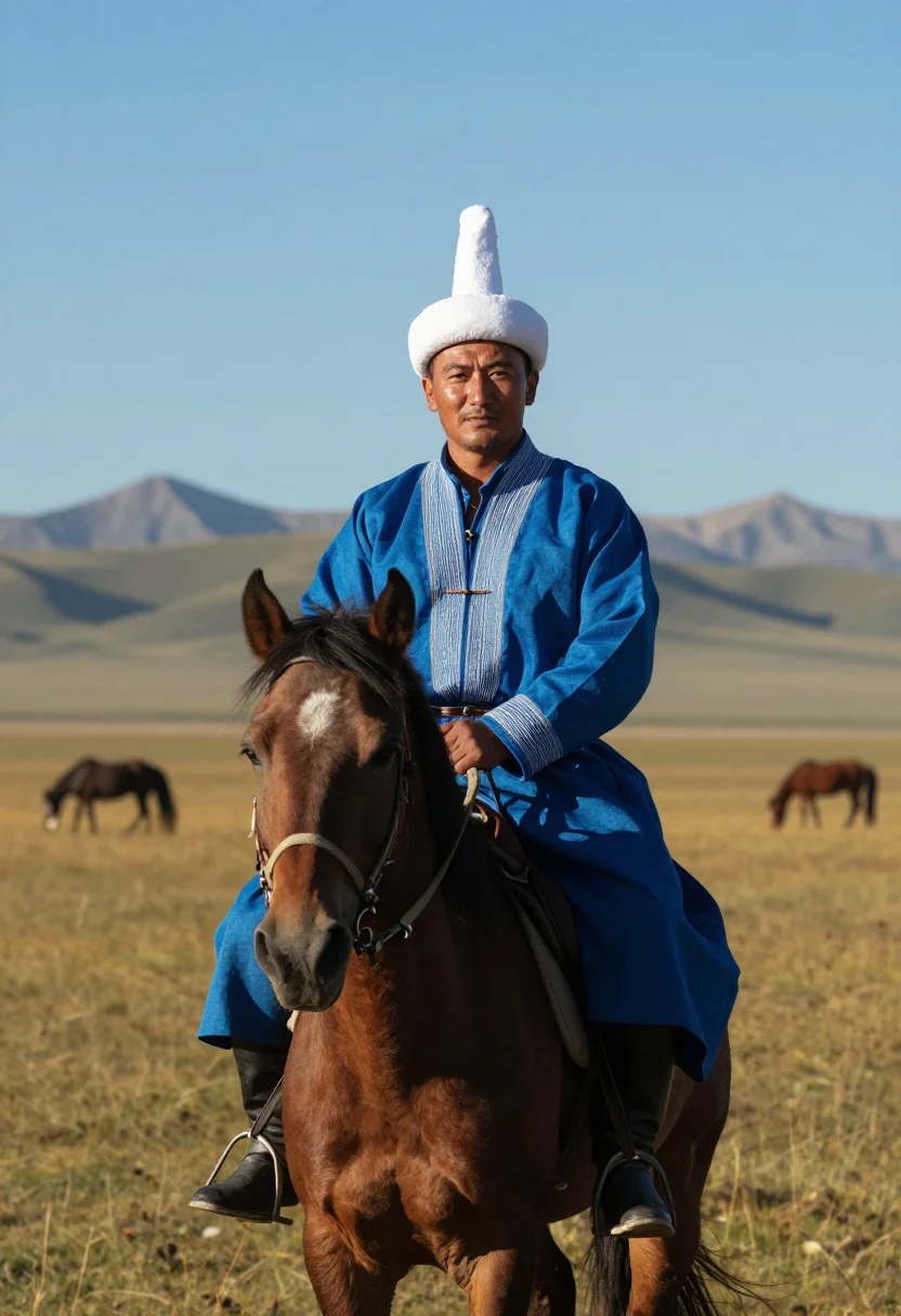 AI kyrgyz ak kalpak sample — heroic half-length portrait of a Kyrgyz man mounted on a hor