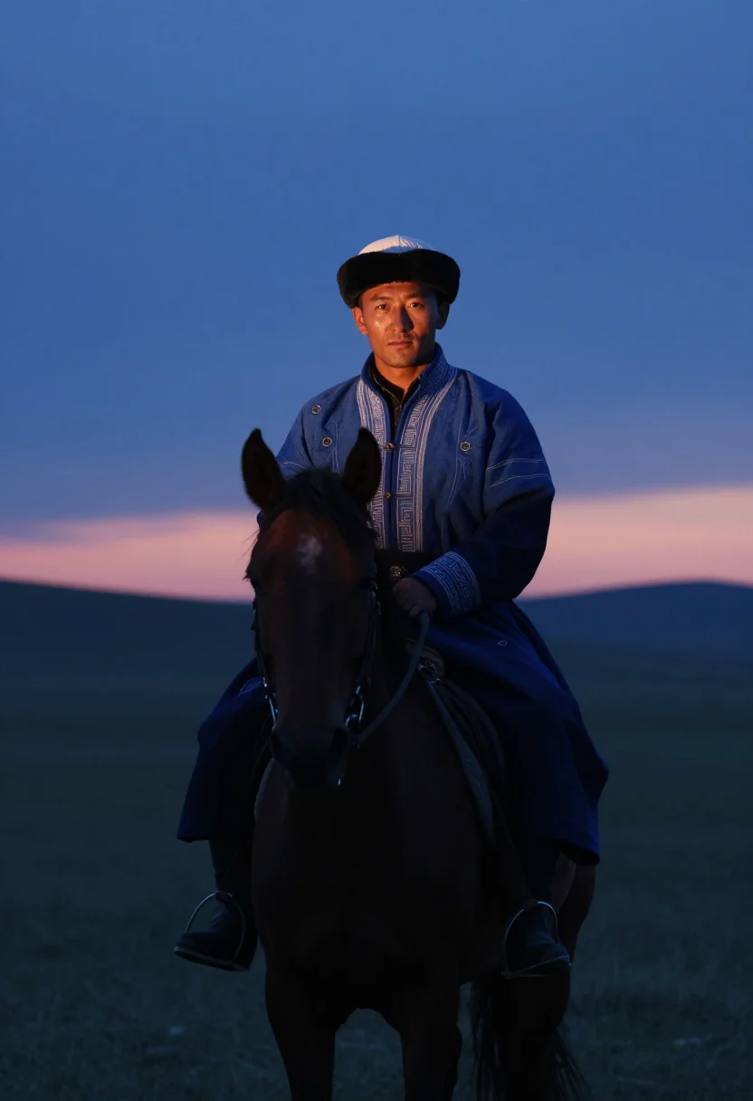 AI kyrgyz ak kalpak sample — heroic half-length portrait of a Kyrgyz man on horseback at