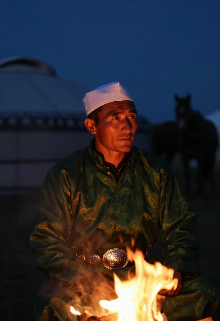 AI kyrgyz ak kalpak sample — candid mid-chest portrait of a Kyrgyz man beside an evening