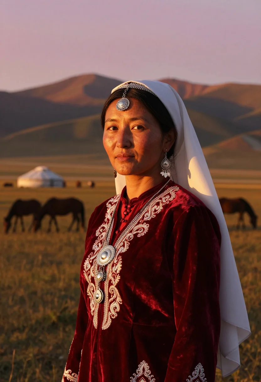 AI kyrgyz elechek sample — candid half-length portrait of a Kyrgyz woman returning from