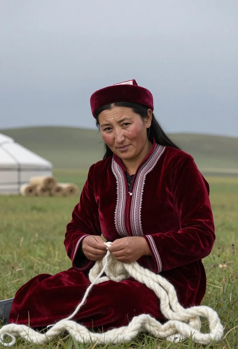 AI kyrgyz elechek sample — candid three-quarter portrait of a Kyrgyz woman seated on th