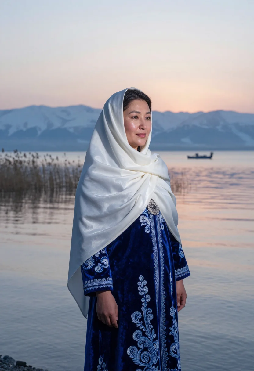 AI kyrgyz elechek sample — candid half-length portrait of a Kyrgyz woman standing at th