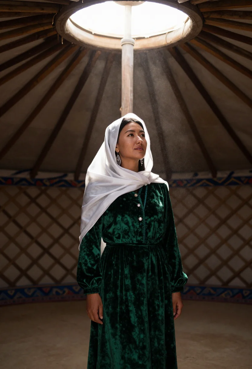 AI kyrgyz elechek sample — candid half-length portrait of a Kyrgyz woman standing insid