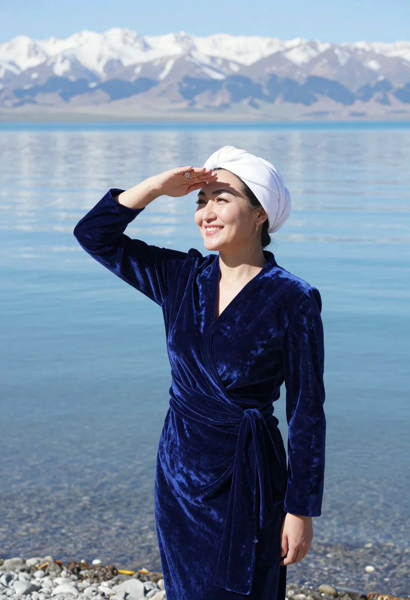 AI kyrgyz elechek sample — candid three-quarter portrait of a Kyrgyz woman on the shing