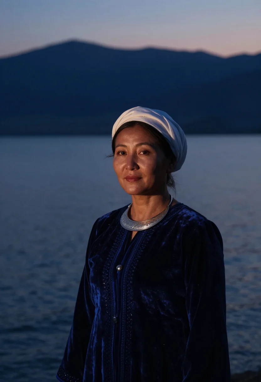 AI kyrgyz elechek sample — candid half-length portrait of a Kyrgyz woman at Issyk-Kul's