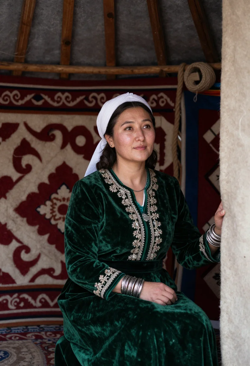 AI kyrgyz elechek sample — candid half-length portrait of a Kyrgyz woman seated inside