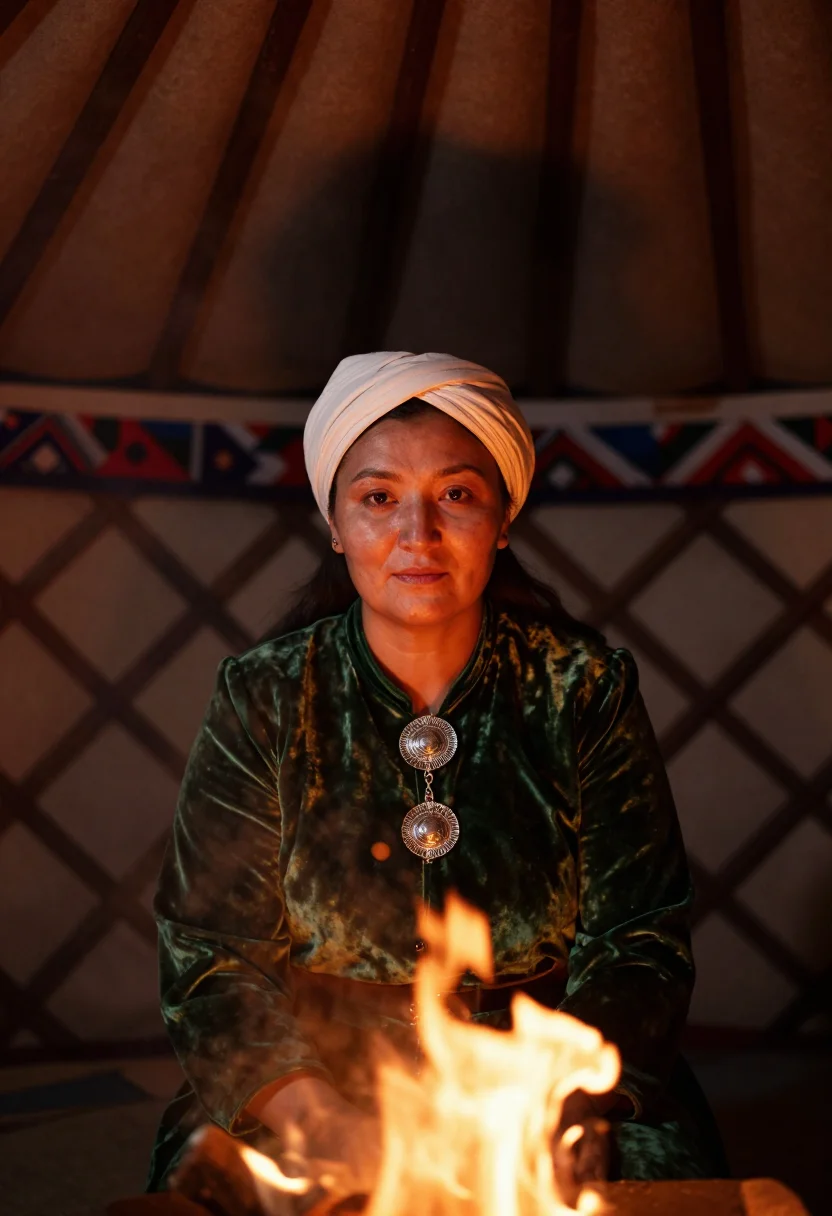 AI kyrgyz elechek sample — candid mid-chest portrait of a Kyrgyz woman inside a yurt at