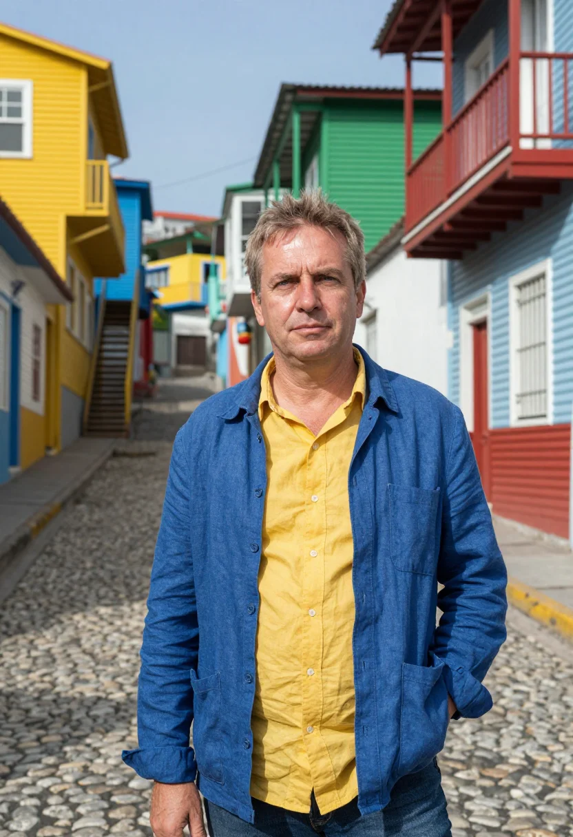 AI la boca architect corrugated palette sample — portrait of a man, a Croatian-Argentine architect in his lat