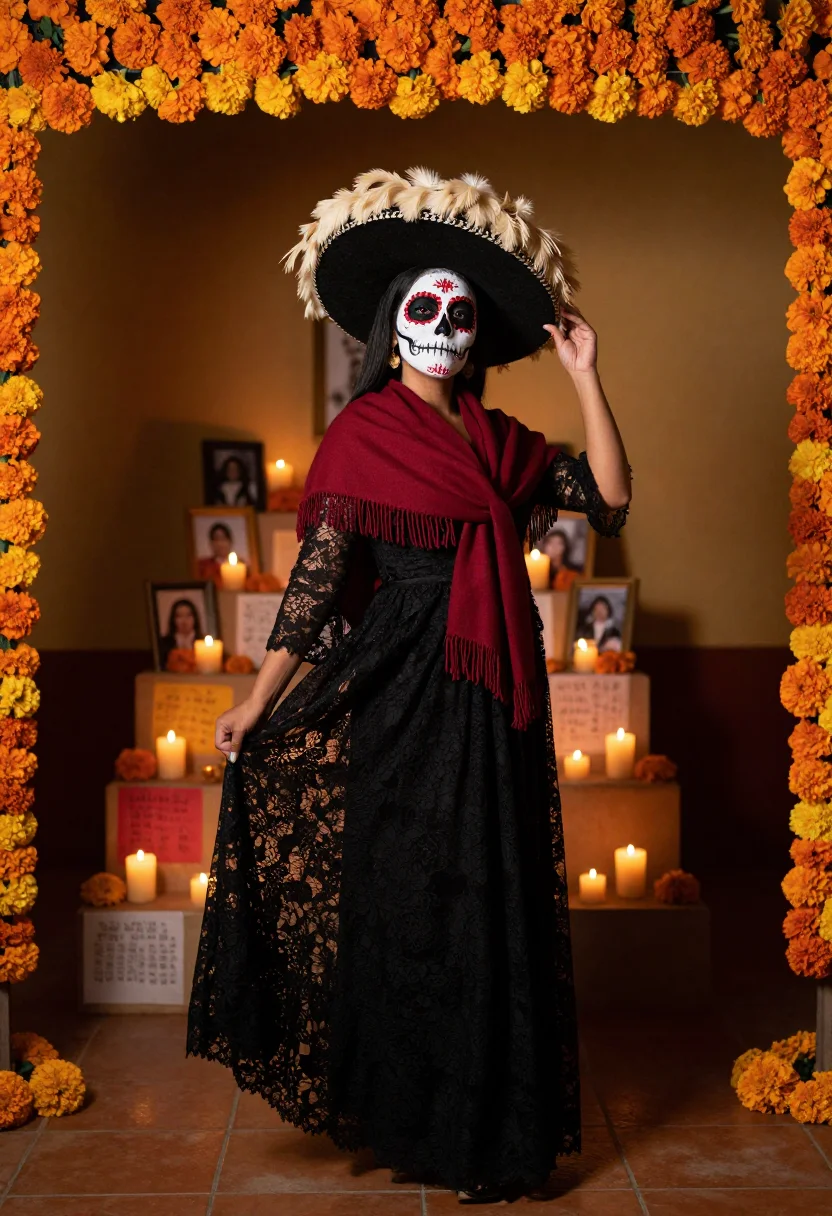 AI la catrina sample — portrait of a woman, a Mexican woman with warm honey-brown s