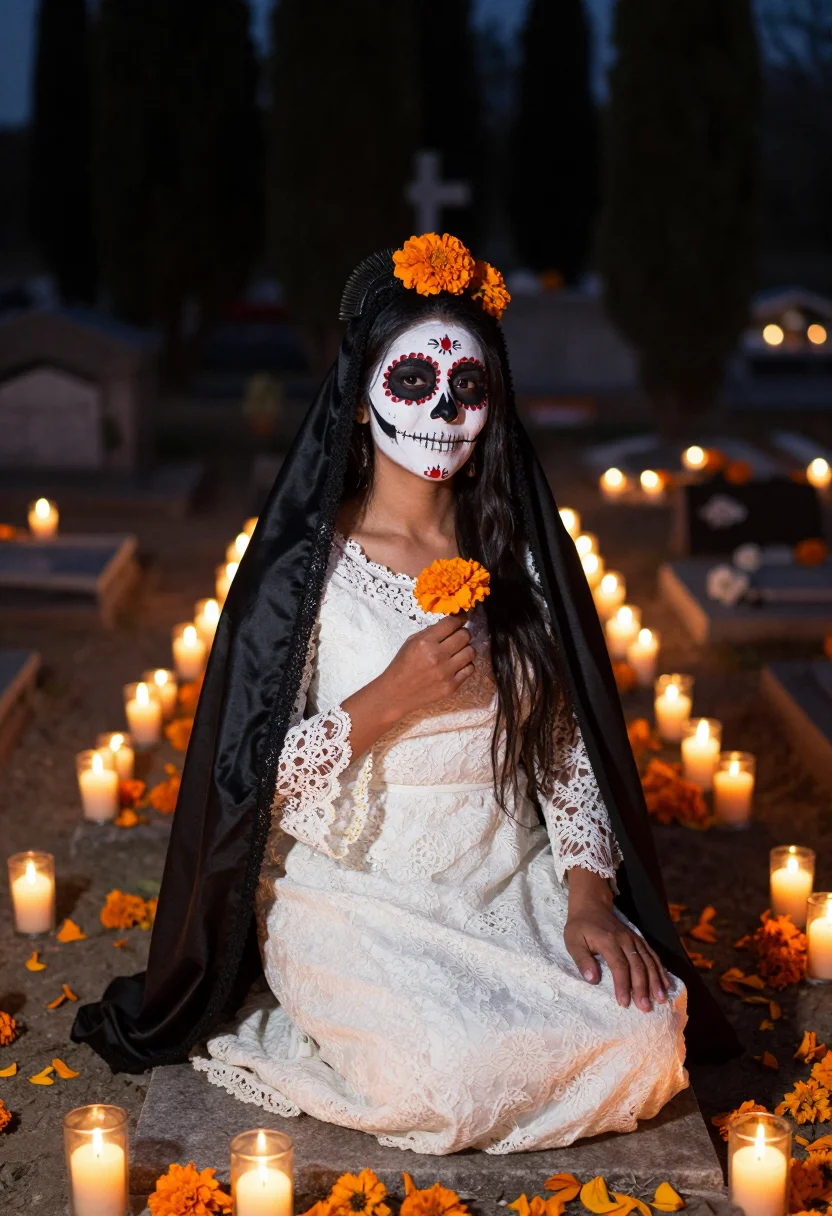 AI la catrina sample — portrait of a woman, a Mexican woman with warm honey-brown s