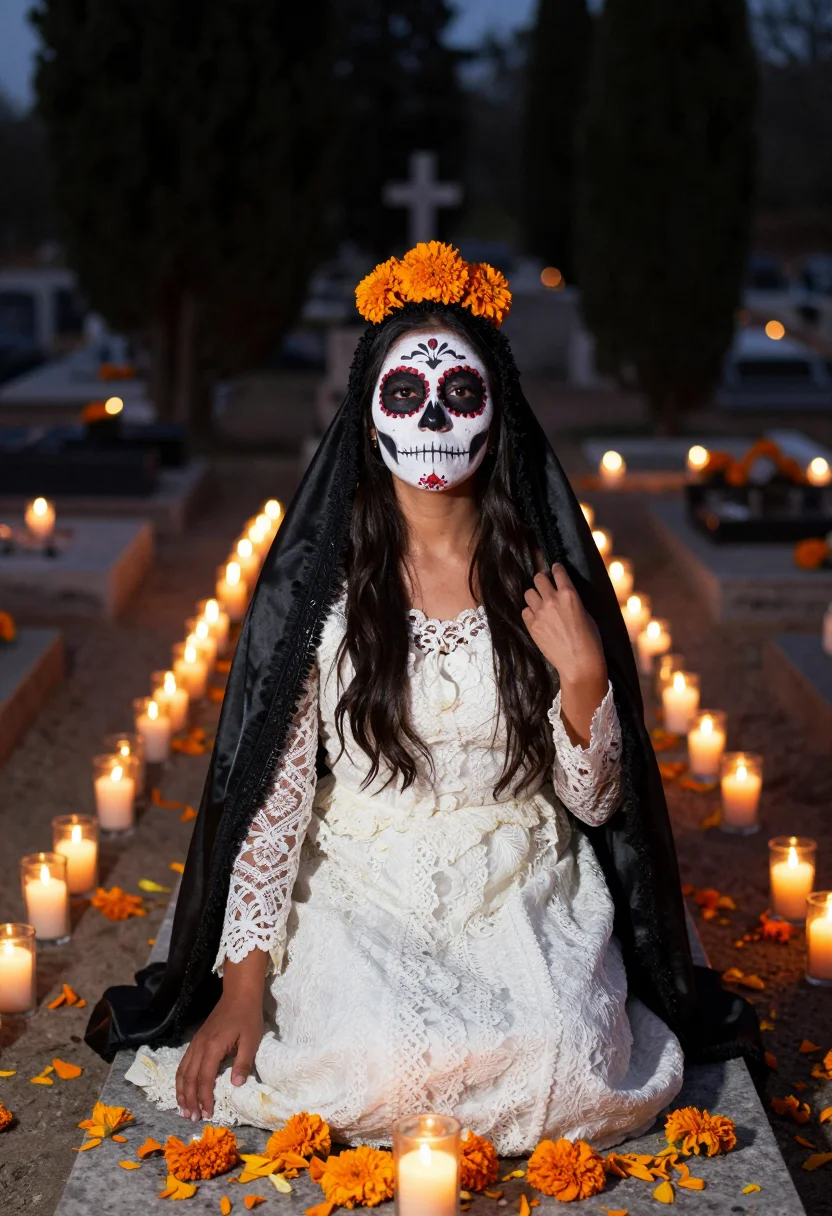 AI la catrina sample — portrait of a woman, a Mexican woman with warm honey-brown s
