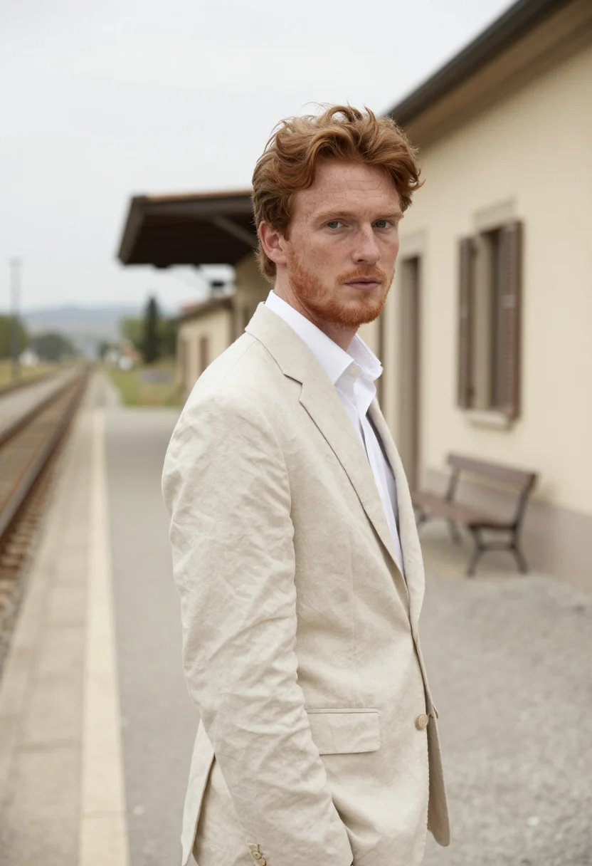 AI la chimera tuscia cream linen suit sample — portrait of a man in a cream linen suit, in his twenties, of