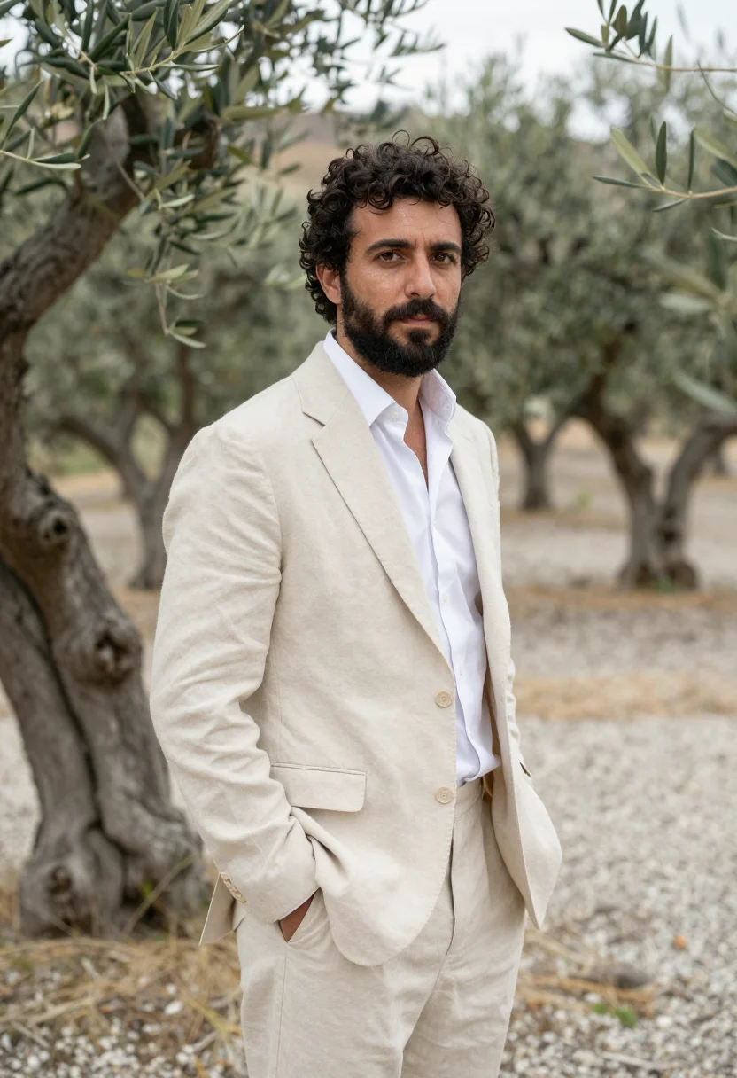 AI la chimera tuscia cream linen suit sample — portrait of a man in a cream linen suit, in his forties, of
