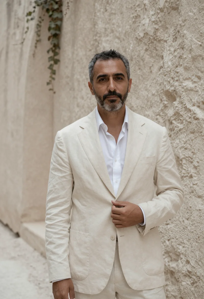 AI la chimera tuscia cream linen suit sample — portrait of a man in a cream linen suit, in his forties, of