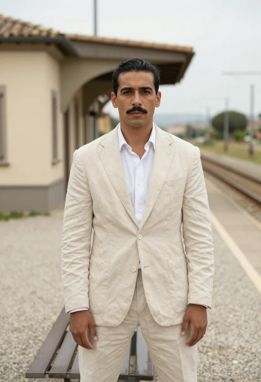 AI la chimera tuscia cream linen suit sample — portrait of a man in a cream linen suit, in his thirties, of