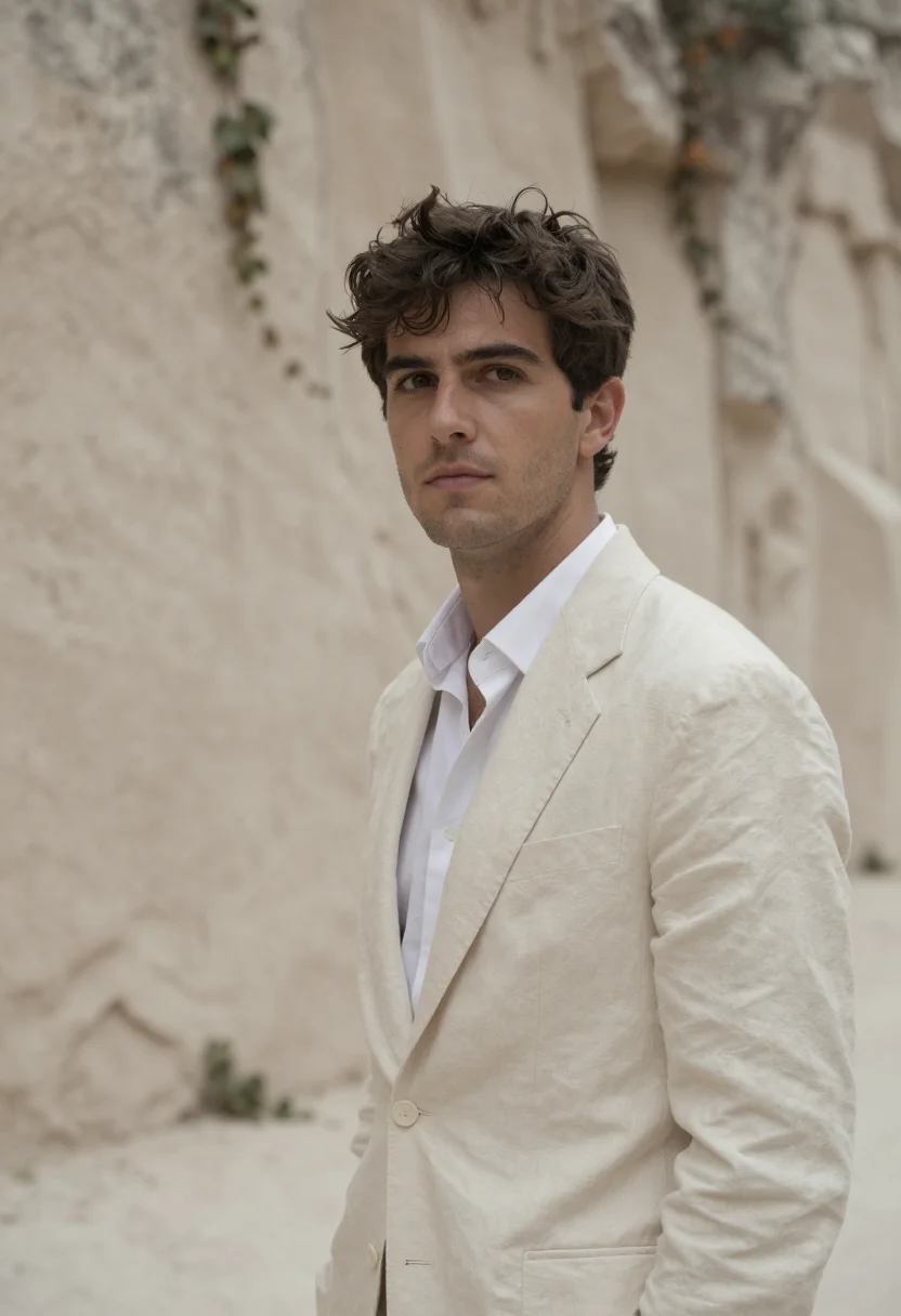 AI la chimera tuscia cream linen suit sample — portrait of a man in a cream linen suit, in his early thirti