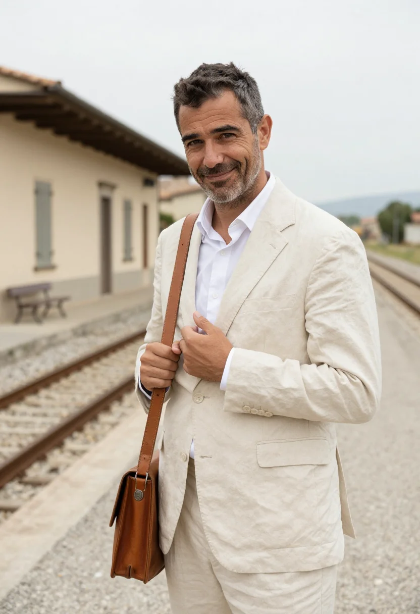 AI la chimera tuscia cream linen suit sample — portrait of a man in a cream linen suit, in his forties, of