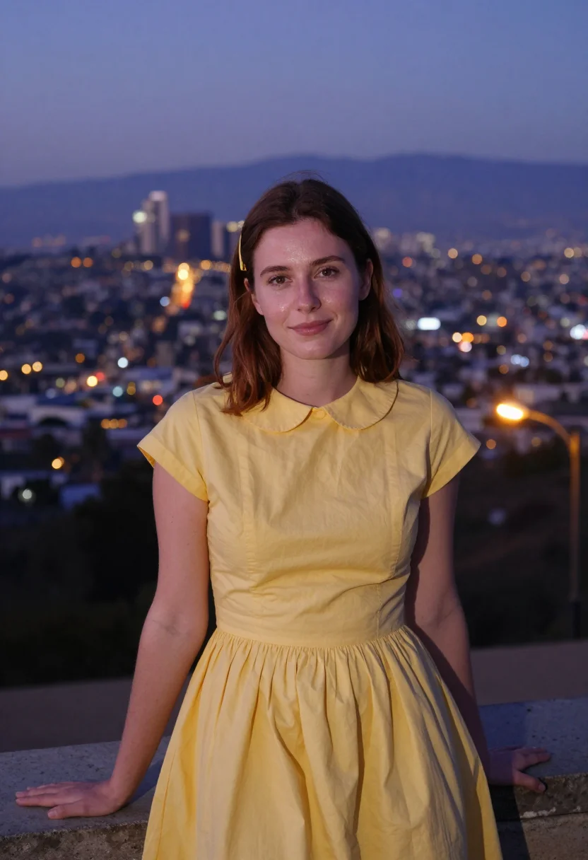 AI la la land griffith observatory yellow dress sample — portrait of a woman, framed tight, head and shoulders, the b