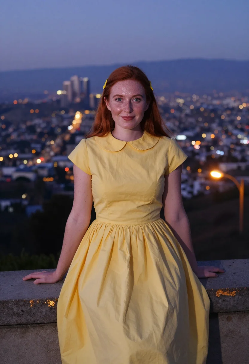 AI la la land griffith observatory yellow dress sample — portrait of a woman, framed half-length from the head to the