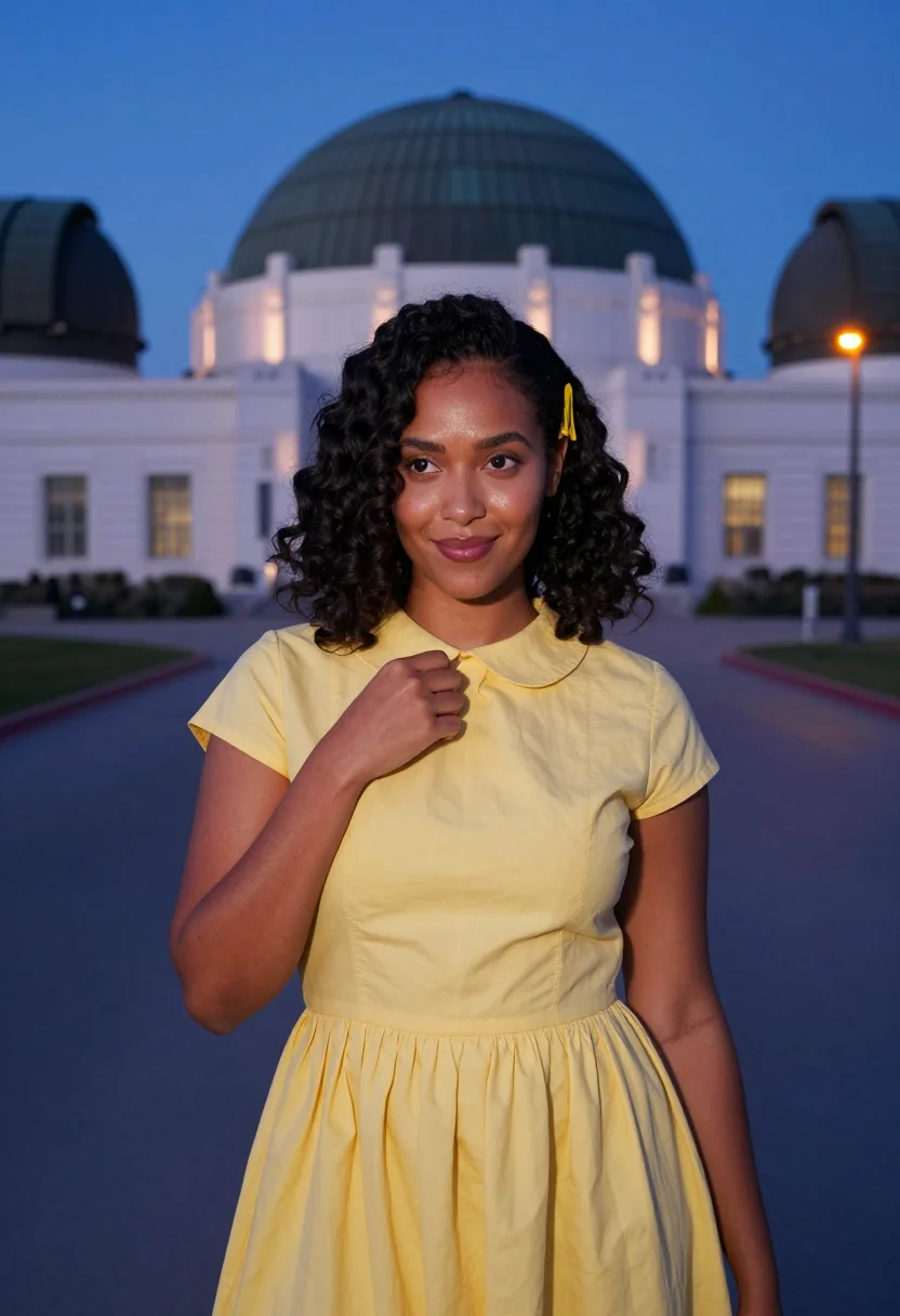 AI la la land griffith observatory yellow dress sample — portrait of a woman, framed chest-up, cropped at the ribs, t
