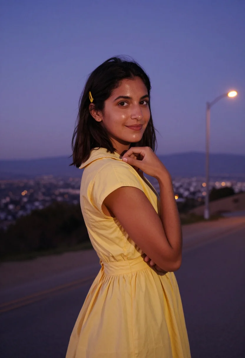 AI la la land griffith observatory yellow dress sample — portrait of a woman, framed chest-up, cropped at the ribs, t
