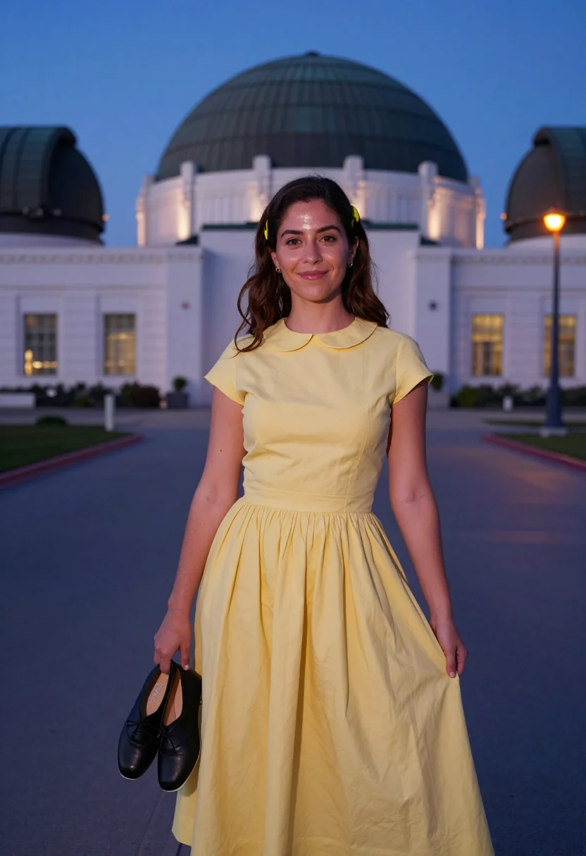 AI la la land griffith observatory yellow dress sample — portrait of a woman, framed half-length from the head to the