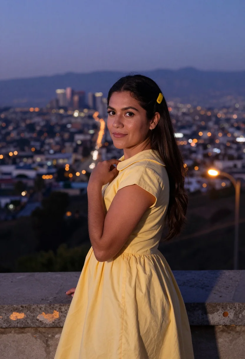 AI la la land griffith observatory yellow dress sample — portrait of a woman, framed chest-up, cropped at the ribs, t