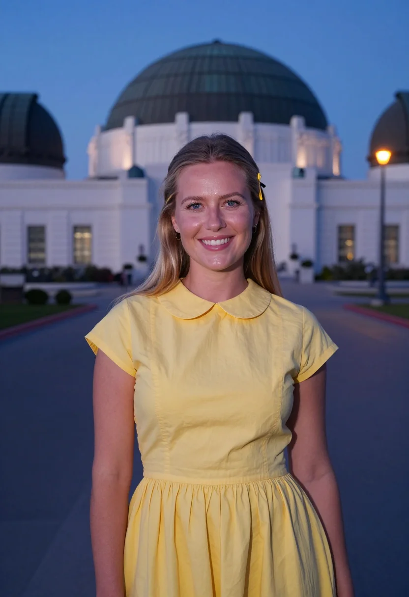 AI la la land griffith observatory yellow dress sample — portrait of a woman, framed tight, head and shoulders, the b