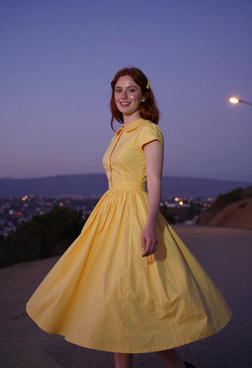 AI la la land griffith observatory yellow dress sample — portrait of a woman, framed three-quarter length from the he