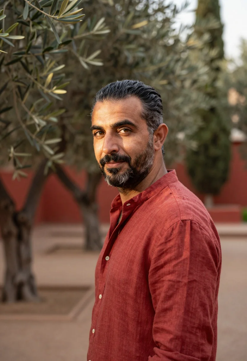 AI la mamounia marrakech olive garden red sample — portrait of a man, a guest in his mid-forties of Lebanese de