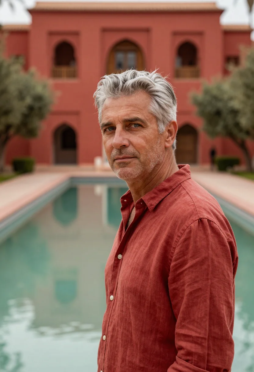 AI la mamounia marrakech olive garden red sample — portrait of a man, a guest in his early fifties of English d