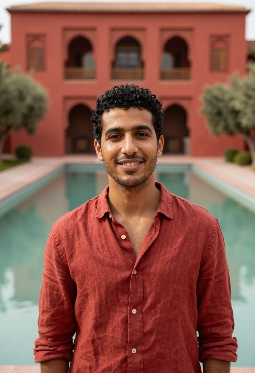 AI la mamounia marrakech olive garden red sample — portrait of a man, a guest in his mid-twenties of Algerian d