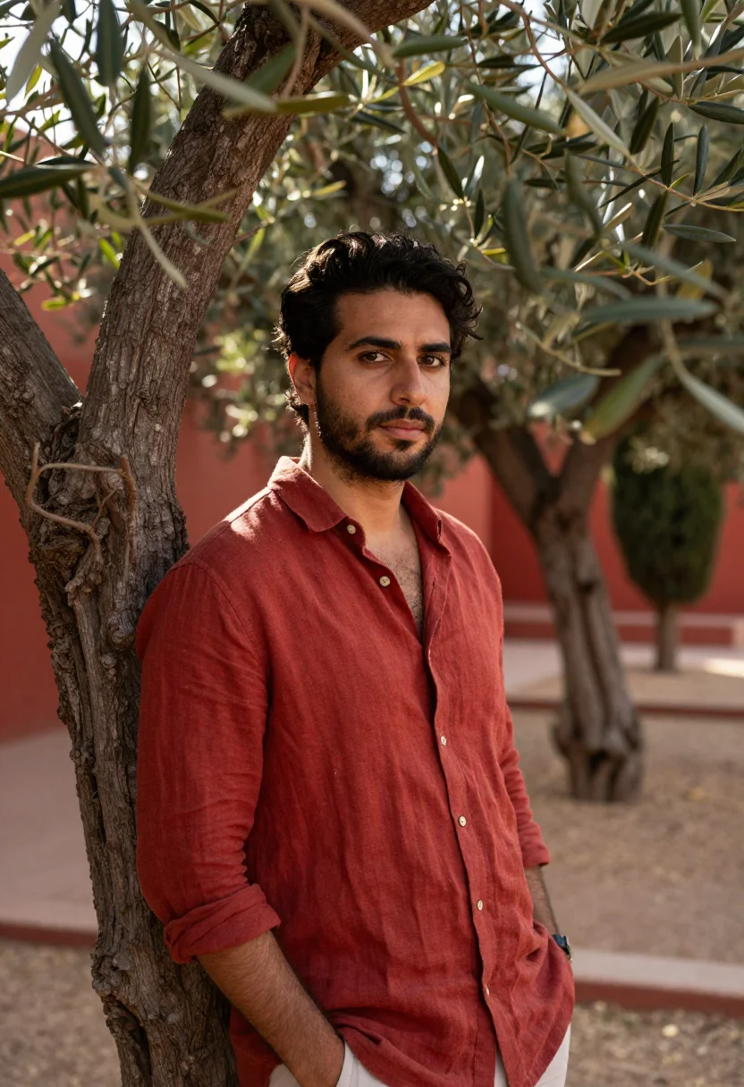 AI la mamounia marrakech olive garden red sample — portrait of a man, a guest in his thirties of Italian descen