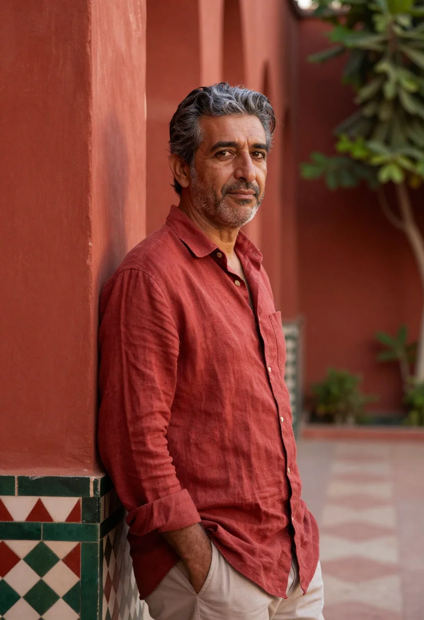 AI la mamounia marrakech olive garden red sample — portrait of a man, a guest in his fifties of Spanish descent