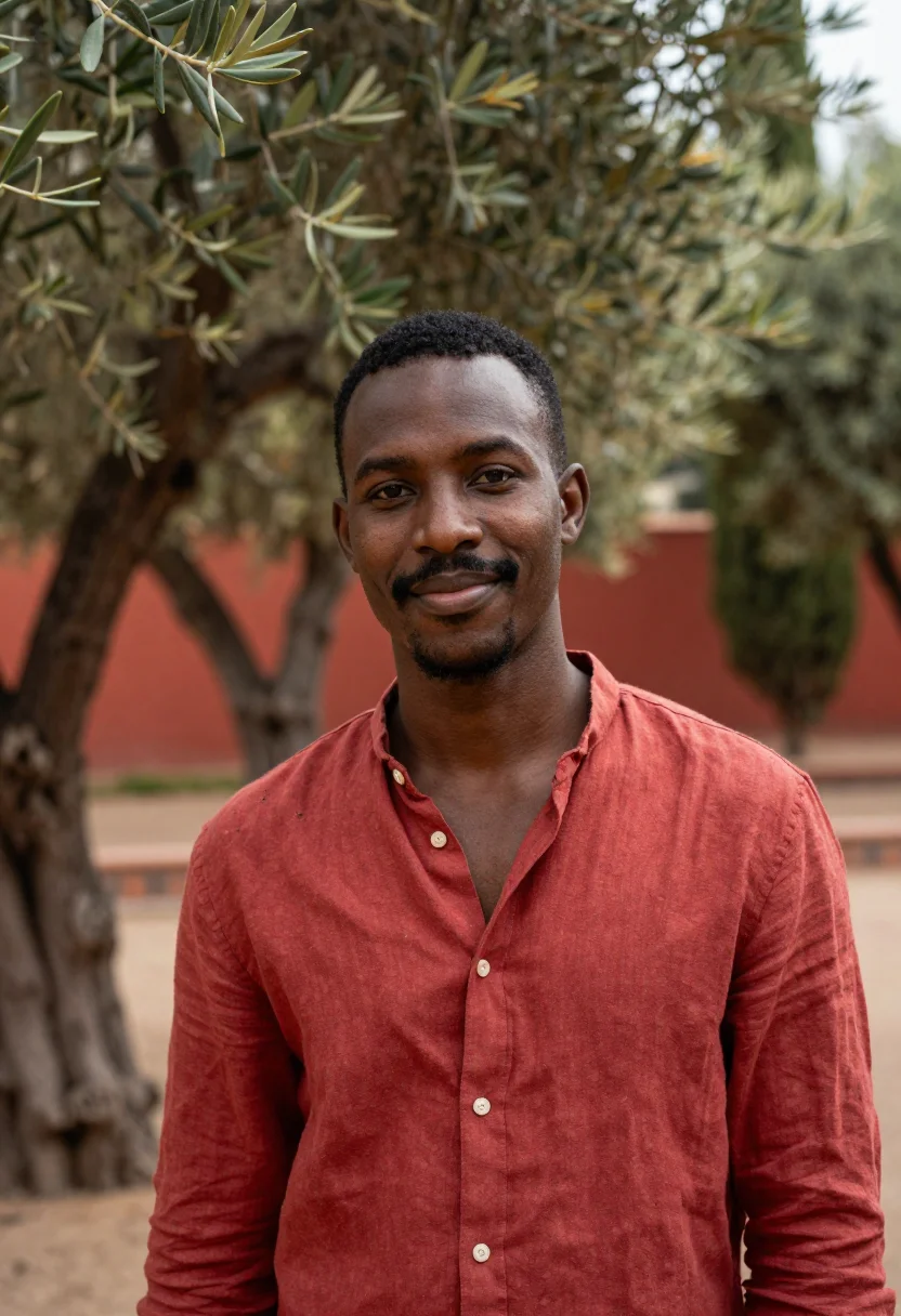 AI la mamounia marrakech olive garden red sample — portrait of a man, a guest in his late twenties of Senegales