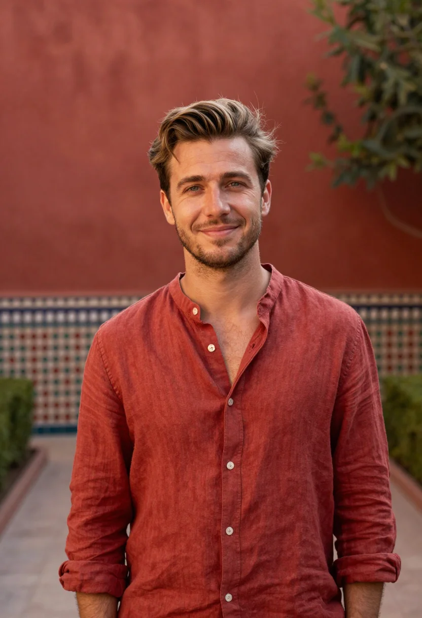 AI la mamounia marrakech olive garden red sample — portrait of a man, a guest in his early thirties of French d