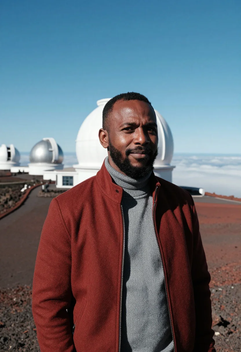 AI la palma astronomer domes volcanic red sample — portrait of a man, of Senegalese descent, in his mid-forties