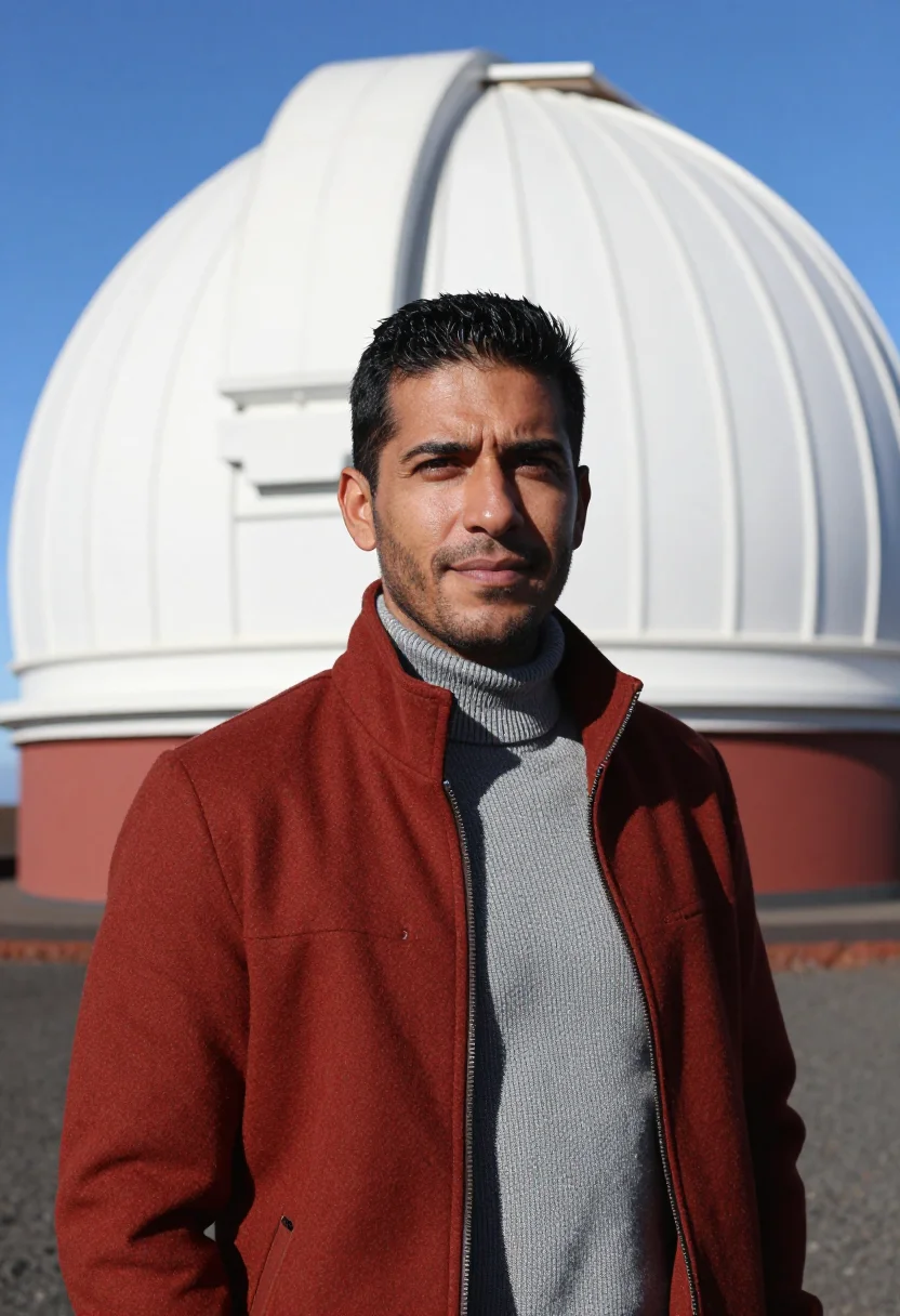 AI la palma astronomer domes volcanic red sample — portrait of a man, of Canarian Spanish descent, in his early