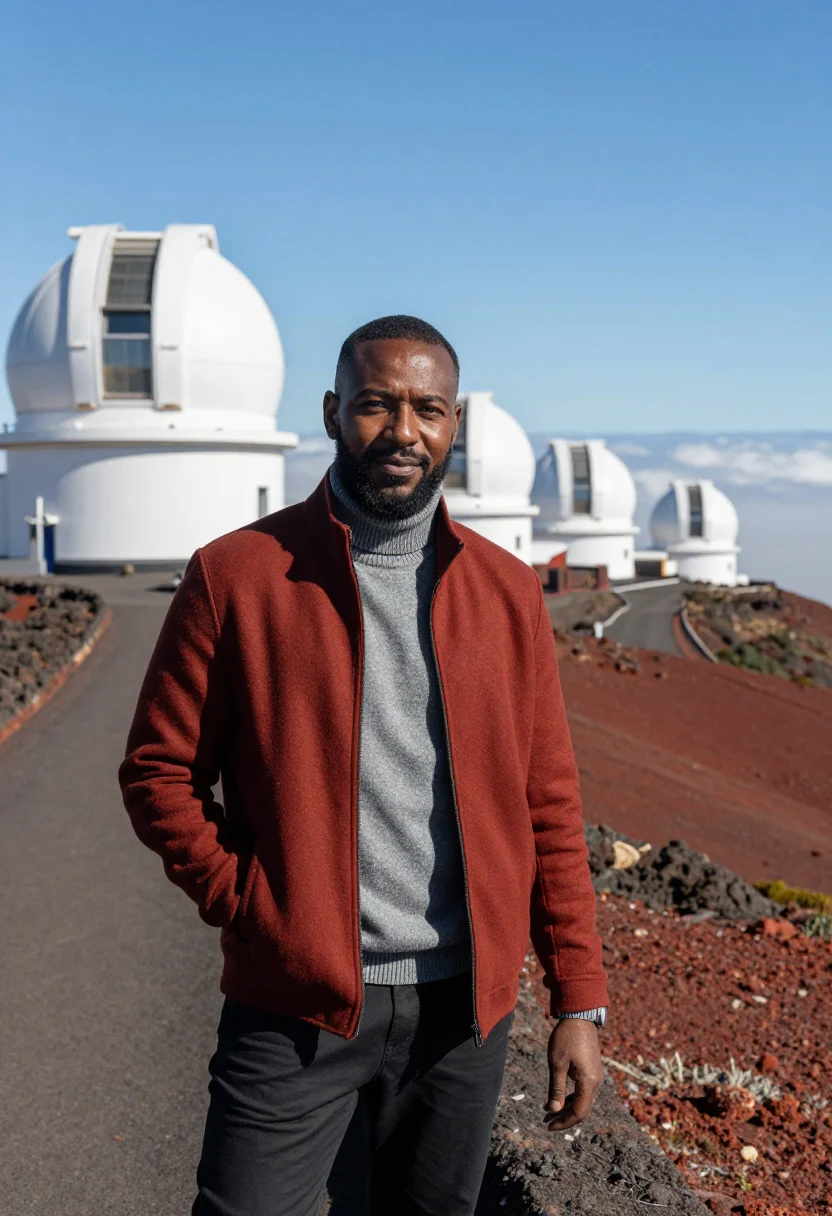 AI la palma astronomer domes volcanic red sample — portrait of a man, of Senegalese descent, in his mid-forties